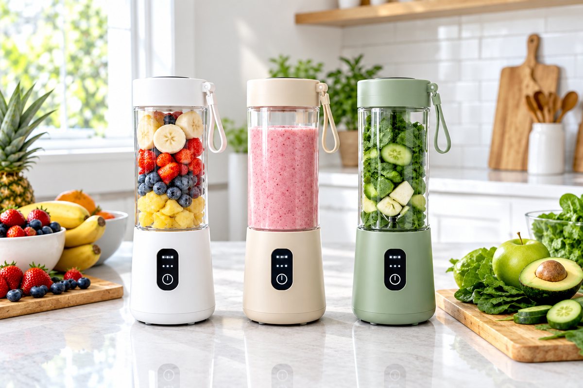 SIPROVA BlendGo White, Beige and Green portable blenders side by side on kitchen counter