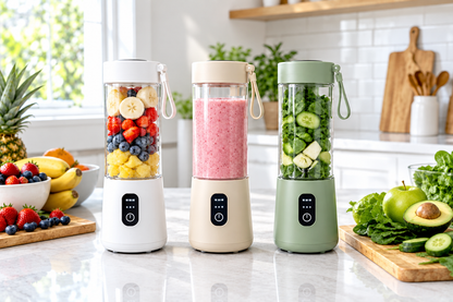 SIPROVA BlendGo White, Beige and Green portable blenders side by side on kitchen counter