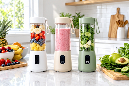 SIPROVA BlendGo White, Beige and Green portable blenders side by side on kitchen counter