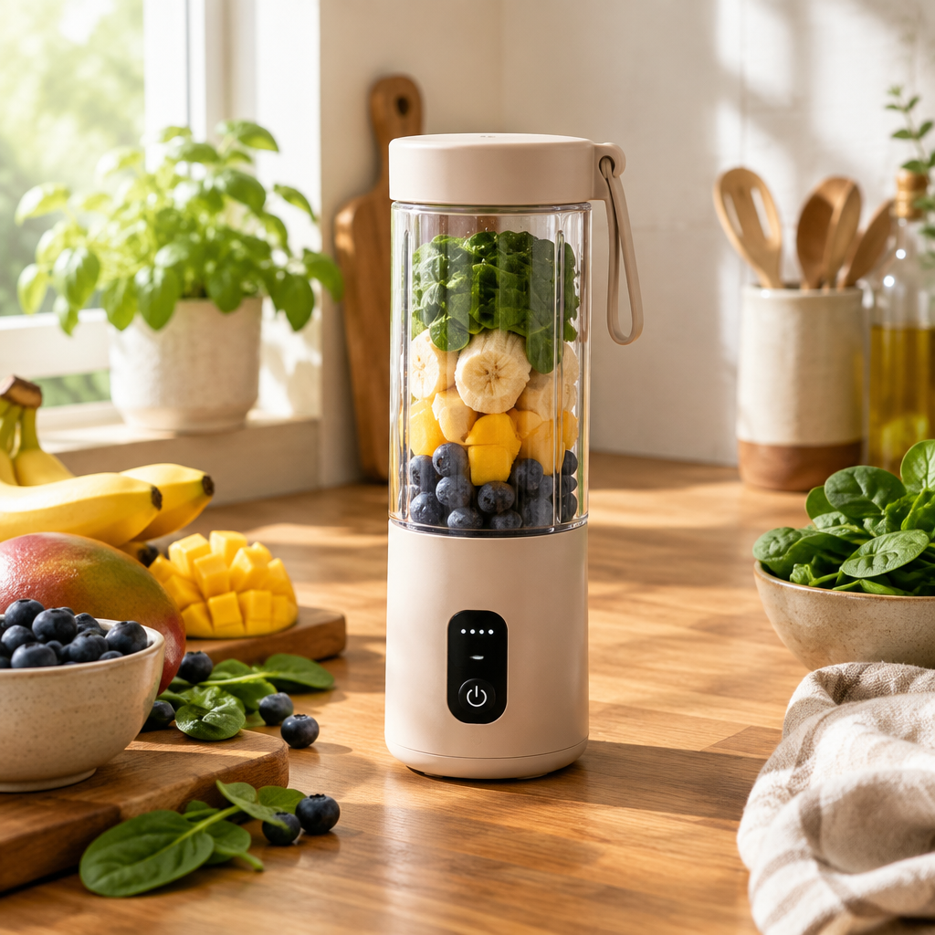 SIPROVA BlendGo Beige portable blender on warm wooden kitchen counter