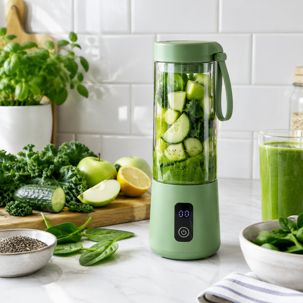 SIPROVA BlendGo Green portable blender on white tile kitchen counter